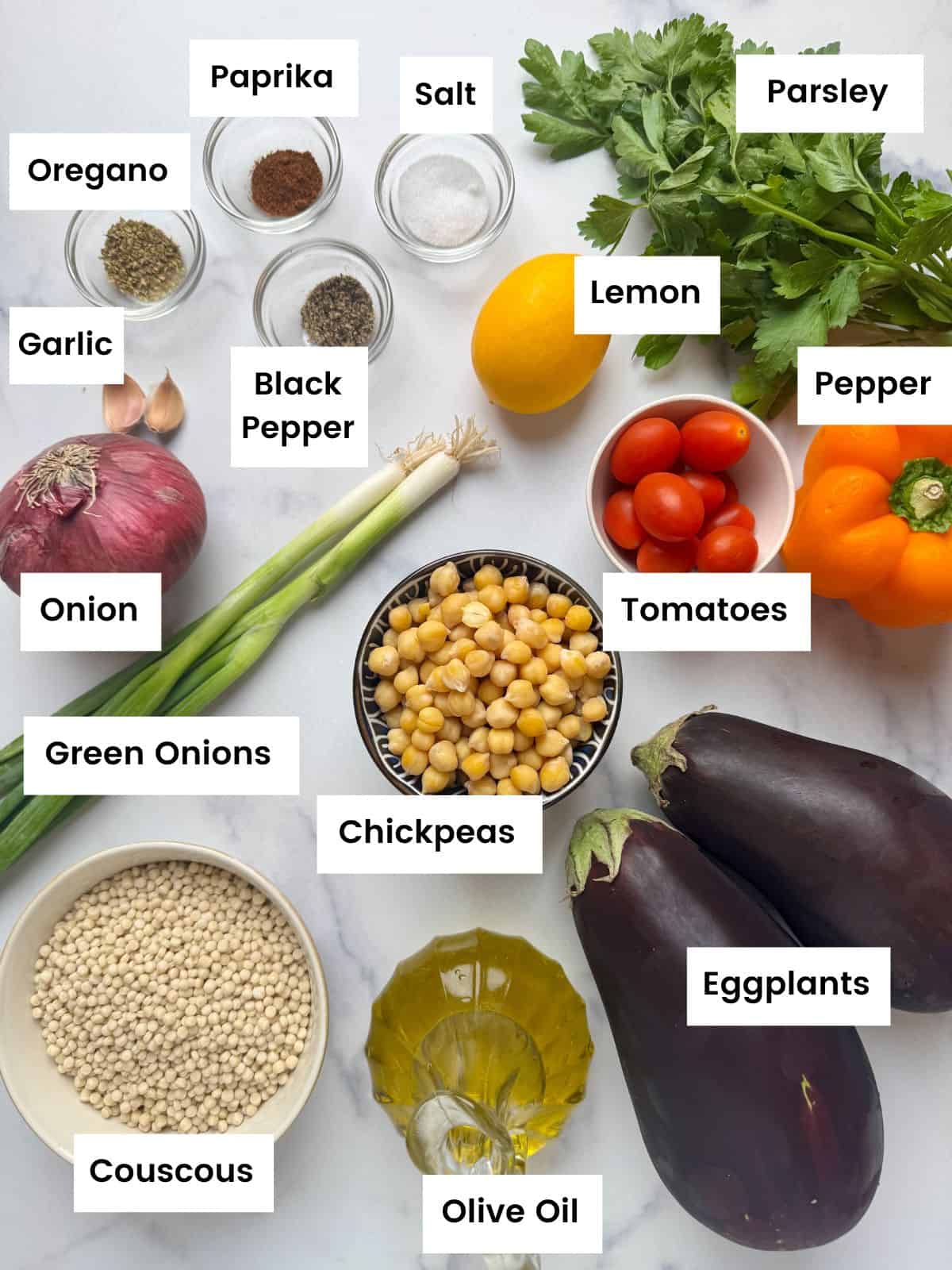 Ingredients for roasted eggplants with couscous Ingredients for roasted eggplants with couscous.