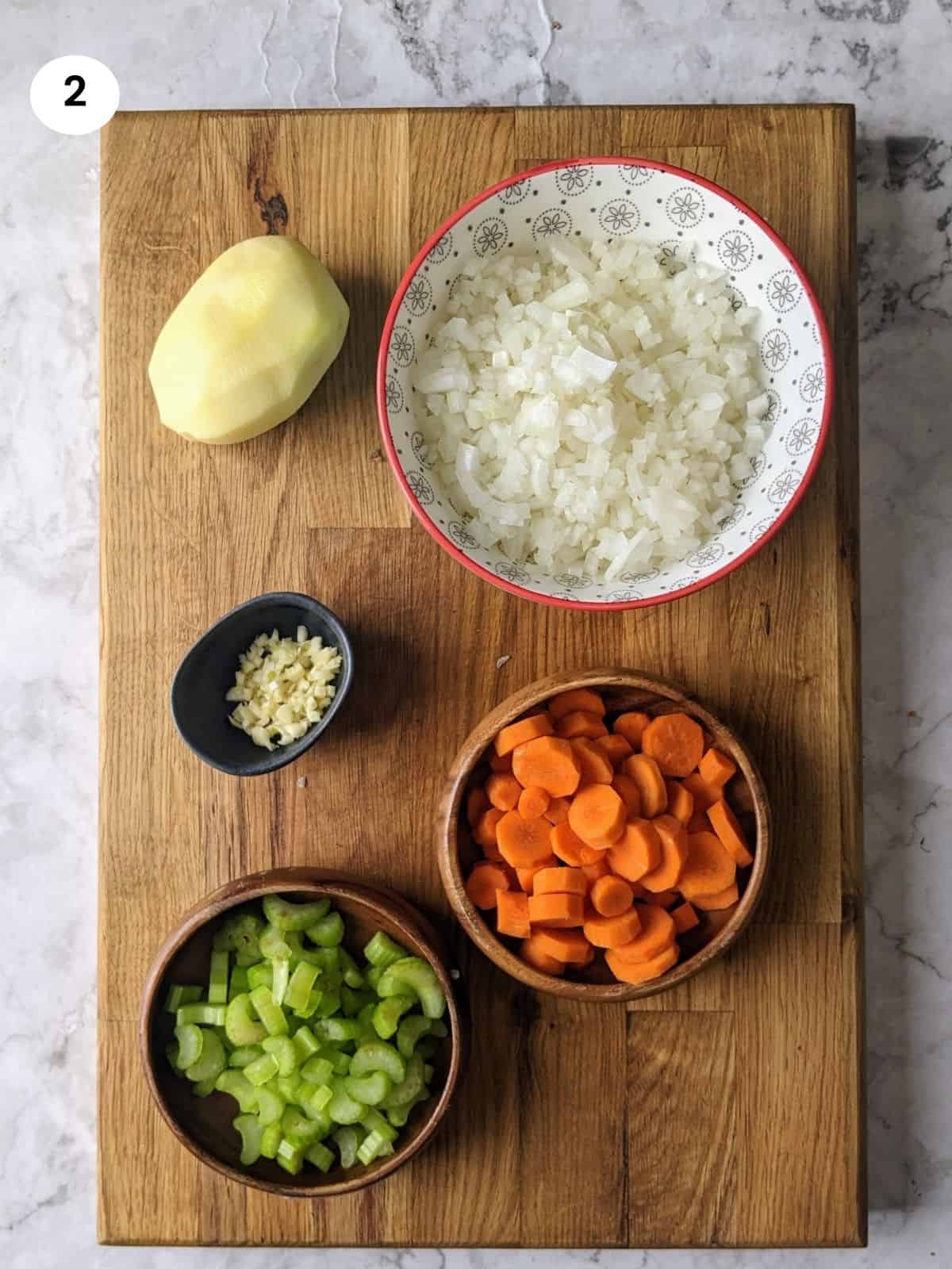 Chopped vegetables, celery, onion, carrots and garlic.