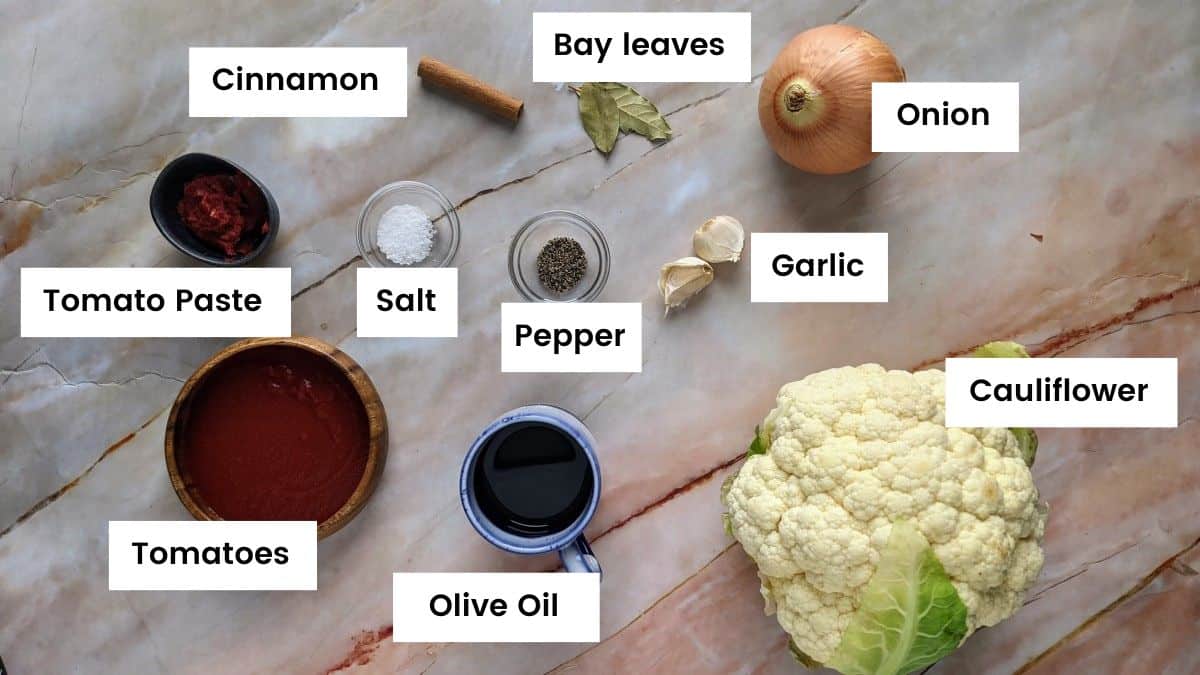 Ingredients for braised cauliflower.