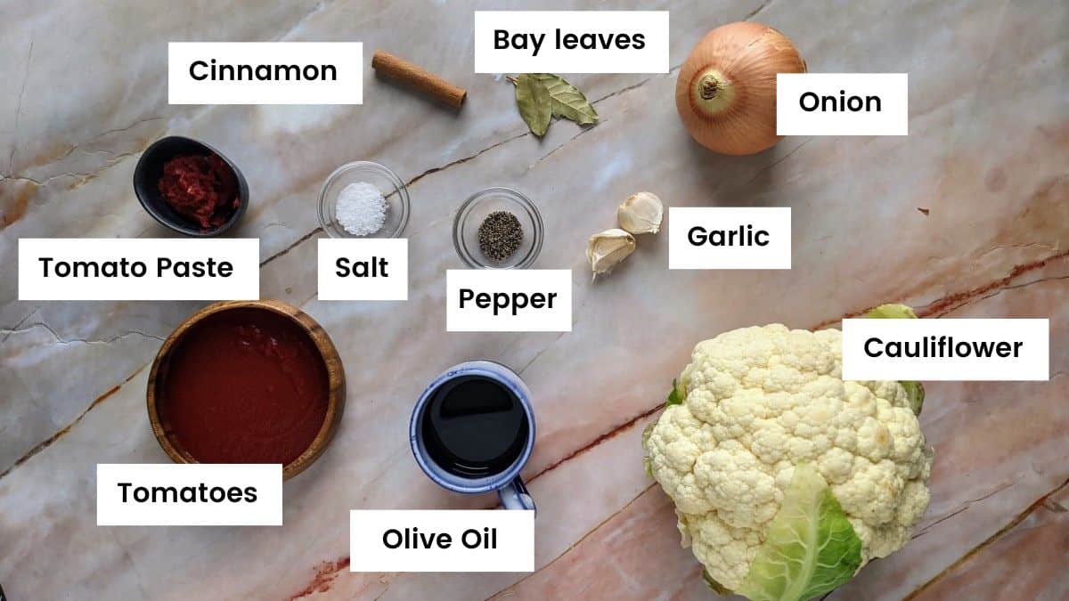 Ingredients for braised cauliflower Ingredients for braised cauliflower.