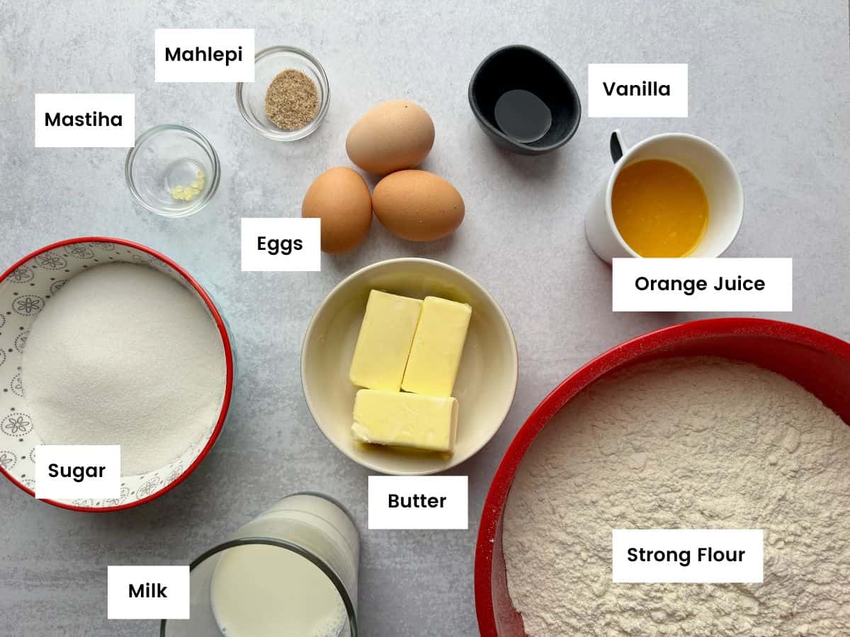 Ingredients for the tsoureki bread.