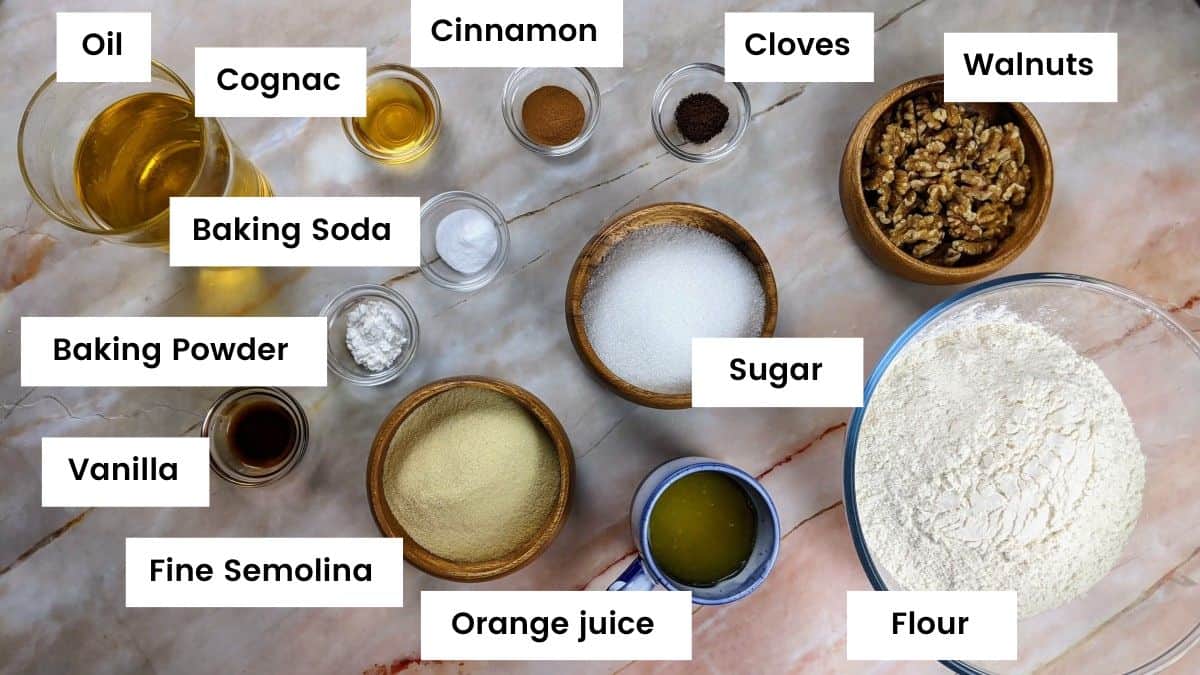 Ingredients for making the dough for melomakarona Ingredients for making the dough for melomakarona.