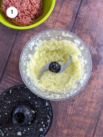 Blending the onion until it is in small pieces for the meatballs.