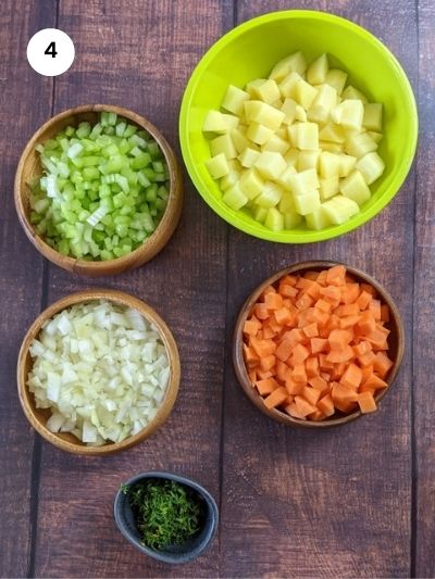 All vegetables cut for adding to the soup.