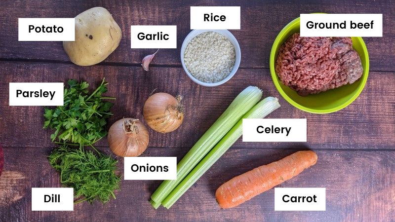 Ingredients for greek youvarlakia soup.