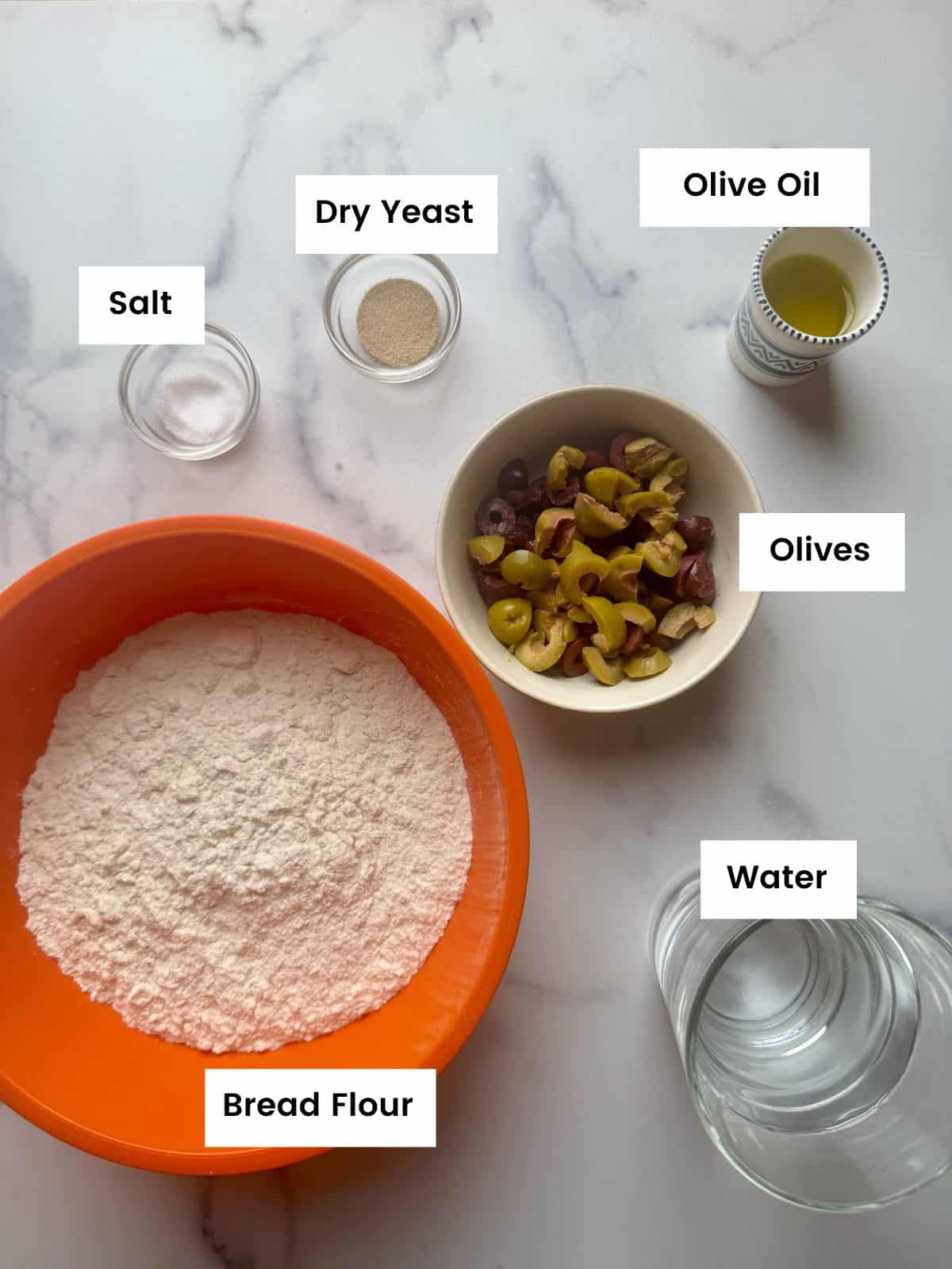 Ingredients for Greek olive bread.