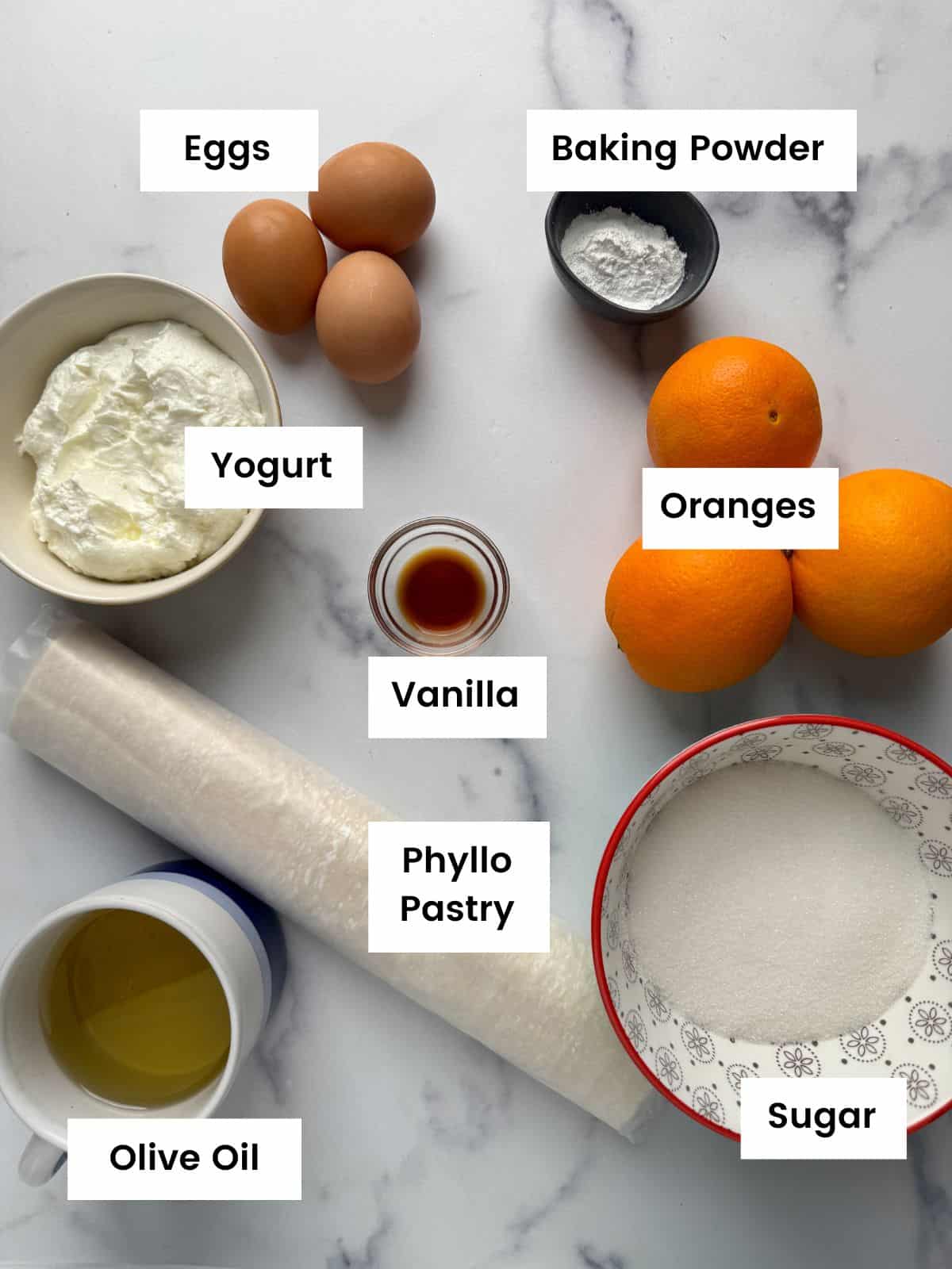 Ingredients for the Greek orange cake Ingredients for the Greek orange cake.