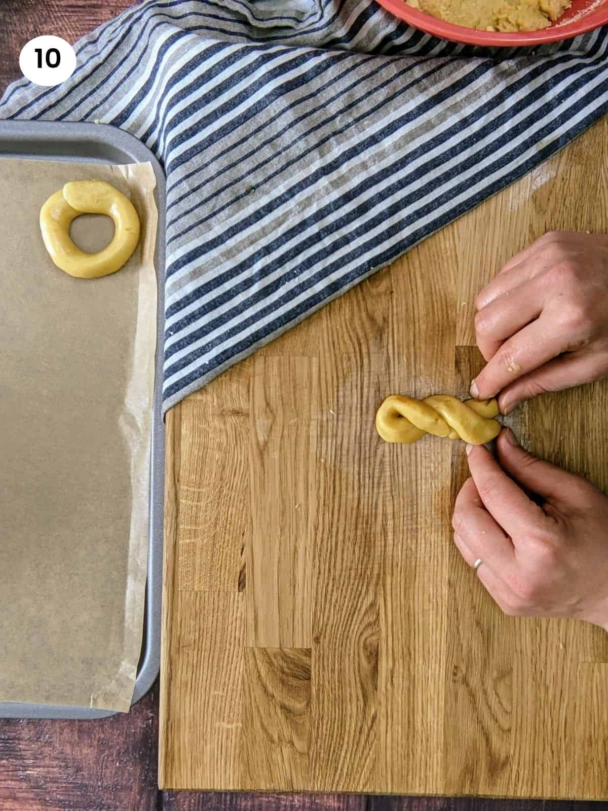 Shaping cookie dough into braid