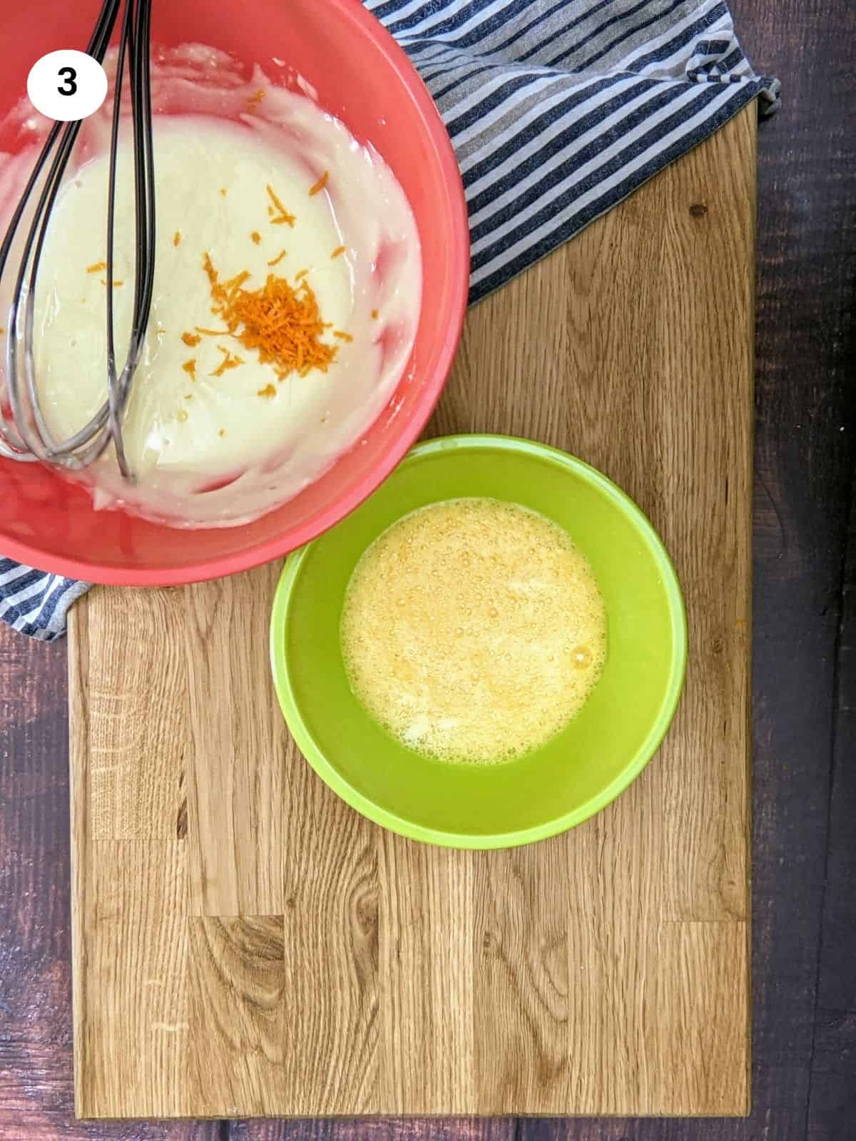 Mixing orange juice with baking soda for greek orange cookies.