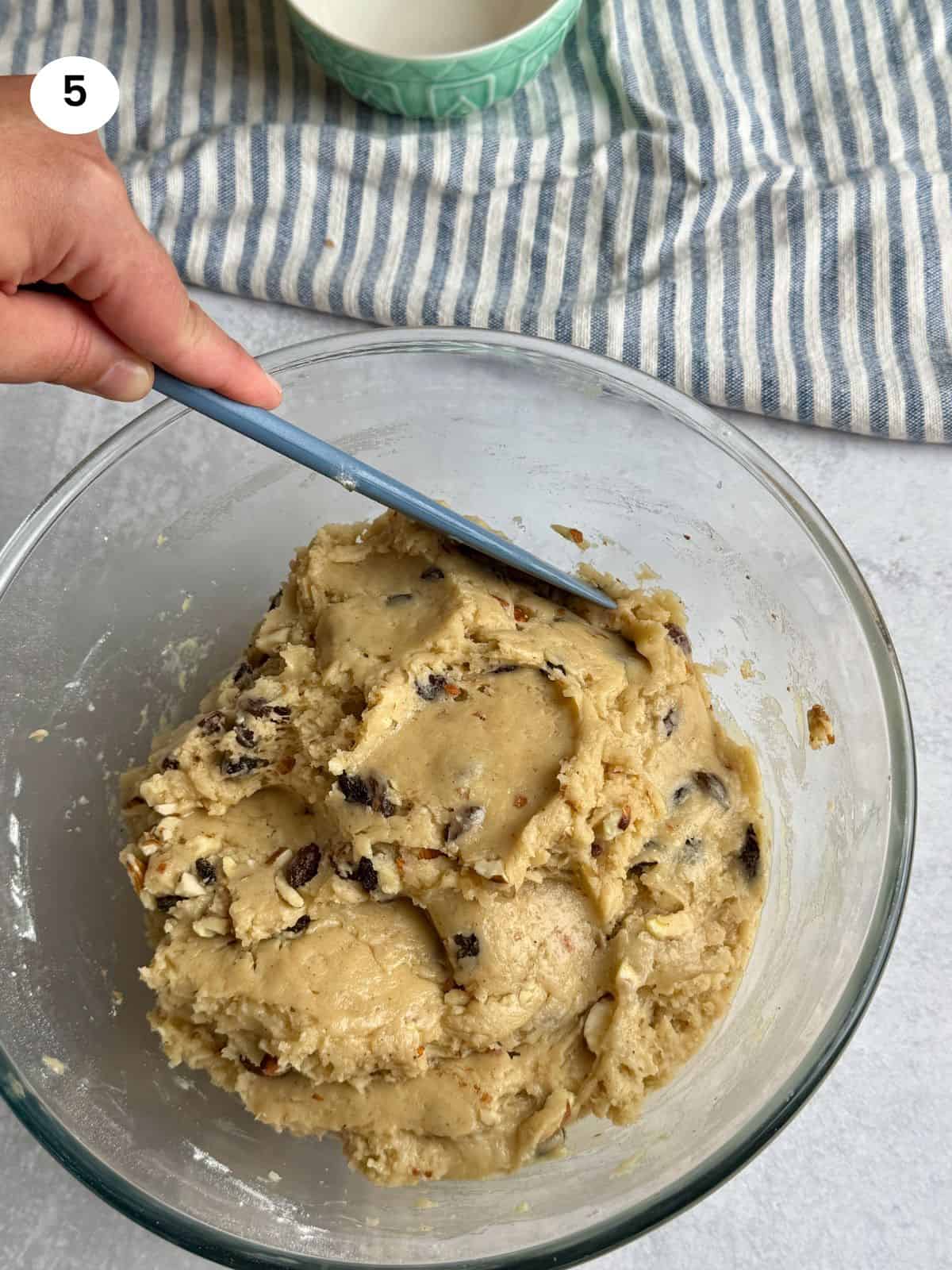 Dough after mixing the raisins and chopped almonds.