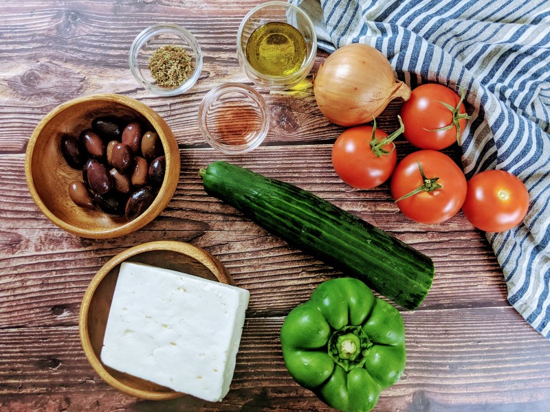 Ingredients for Greek salad & dressing.