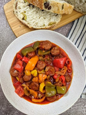 Spetsofai - Sausage and Peppers in Tomato Sauce.