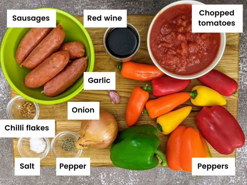 Ingredients for greek sausage and peppers.