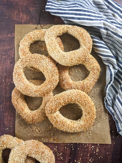 Baked koulouria stack next to each other.