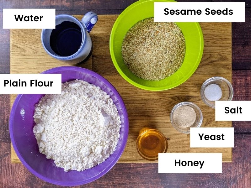 Ingredients for greek sesame seed bagels.