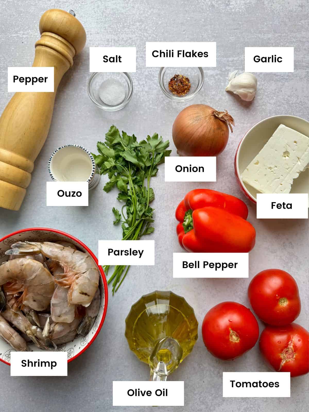 Ingredients for shrimp saganaki.
