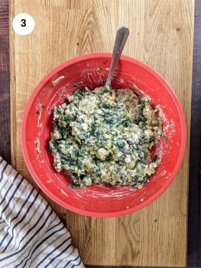 Filling ready for spinach & feta cheese triangles.