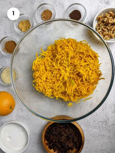 Grated squash in a big bowl.