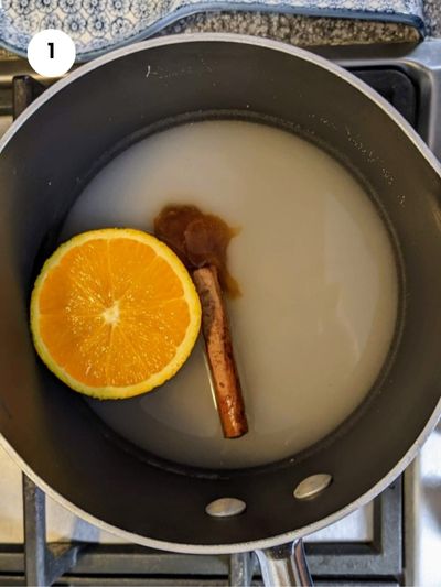 Adding all syrup ingredients to a big pot.