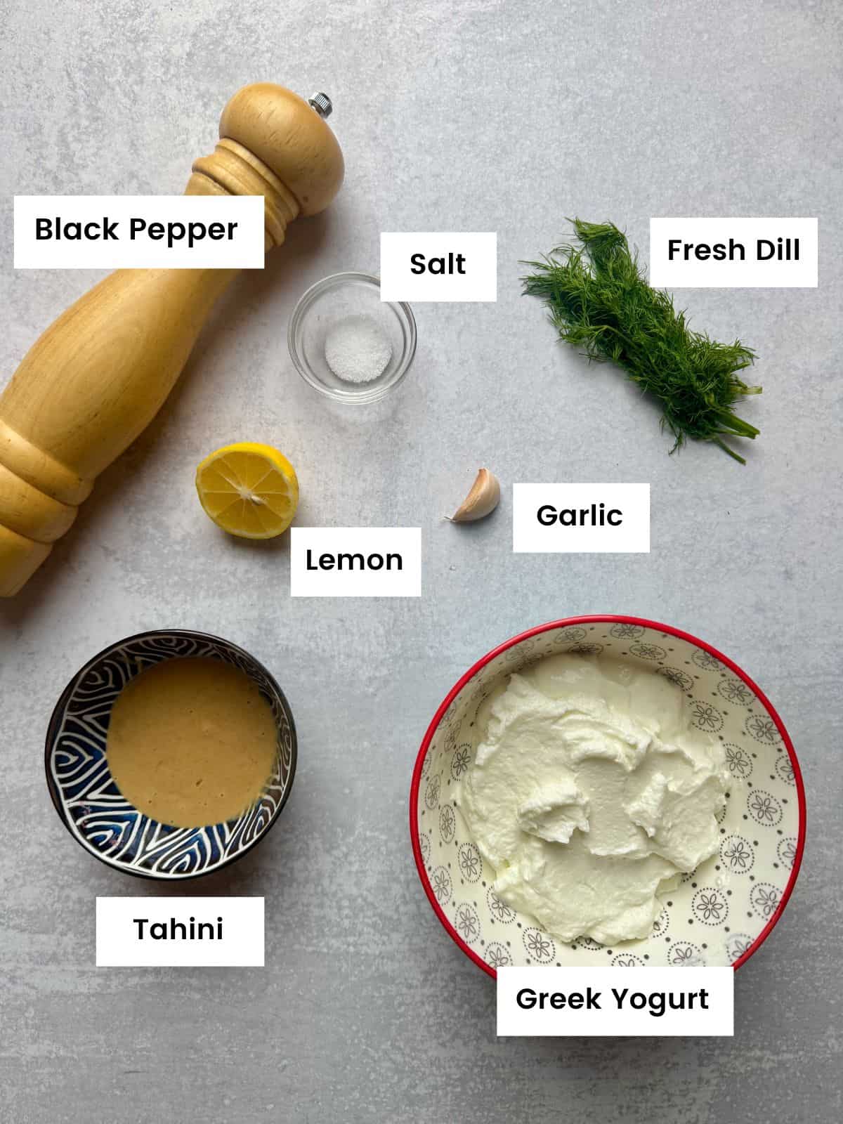 Ingredients for Greek yogurt and tahini sauce.