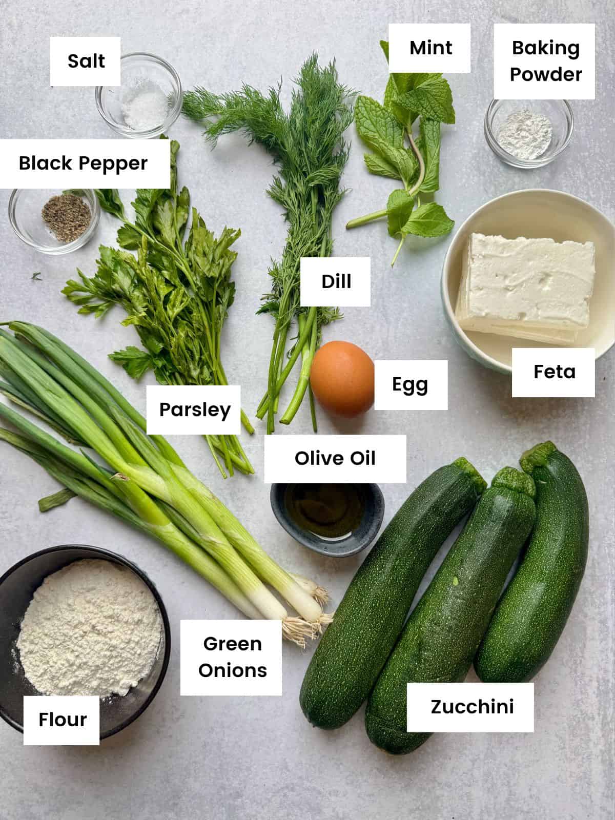 Ingredients for zucchini fritters.