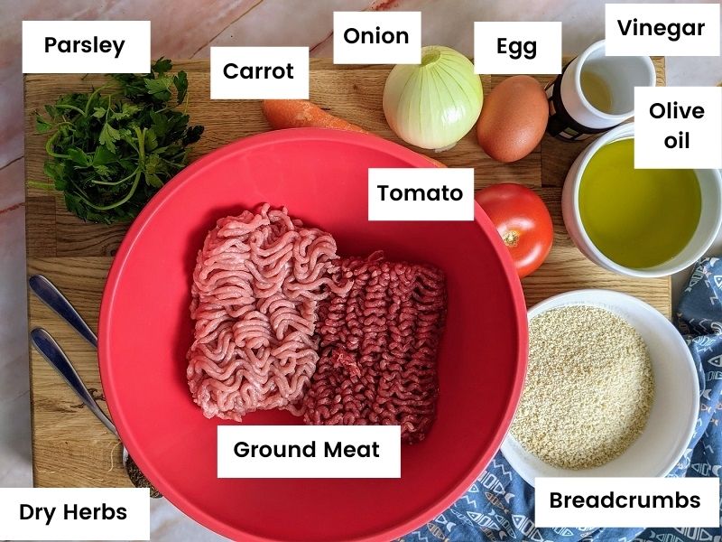 Ingredients for Greek biftekia burgers.