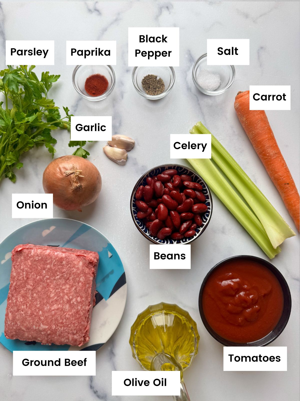 Ingredients for the meat sauce filling of the loaded sweet potatoes.