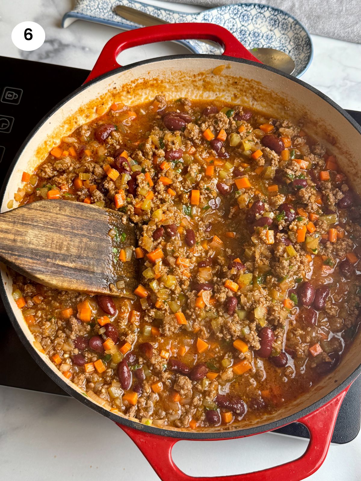 Cooked meat sauce in the pan.