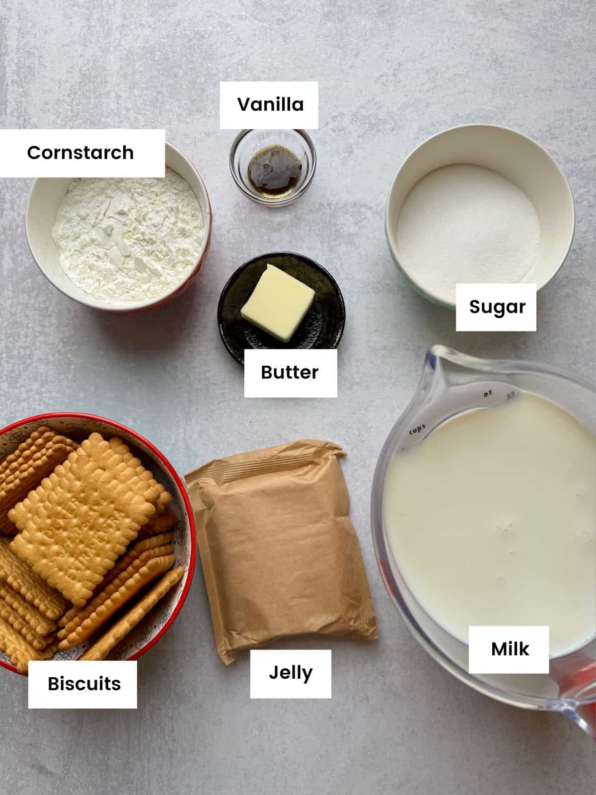 Ingredients for jelly and custard dessert.