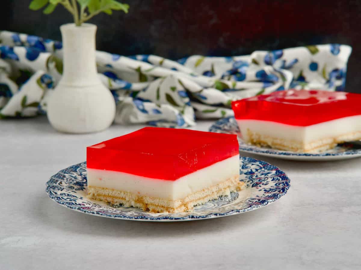 Served slice of the Greek-style jelly and custard dessert.