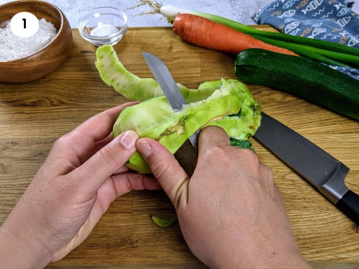 Peeling the kohlrabi vegetable