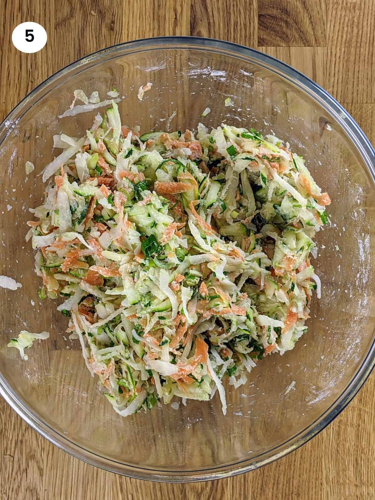 Mixture ready to form the kohlrabi fritters.