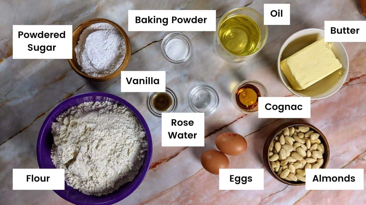 Ingredients for greek kourabiedes.