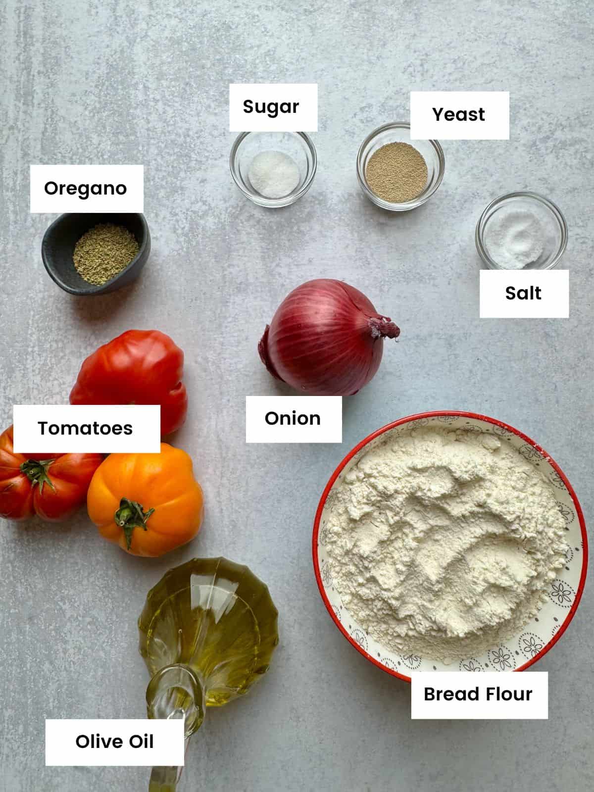 Ingredients for Greek ladenia flatbread.