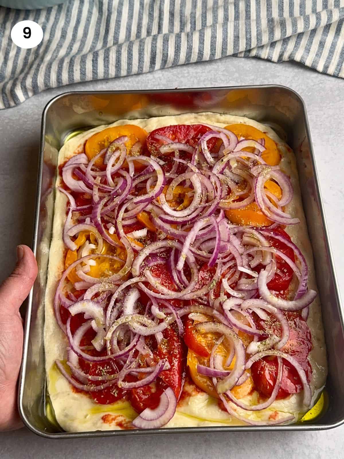 Tomato and onion slices on top of flatbread.