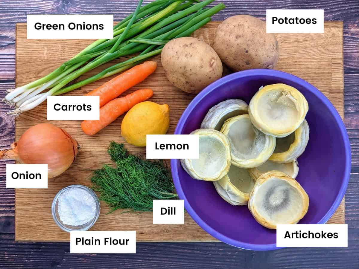 Ingredients for lemony artichoke stew