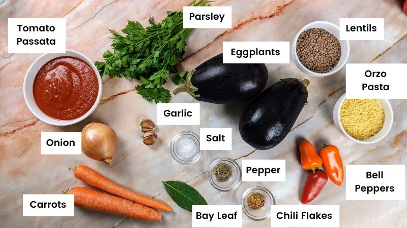 Ingredients for lentil, orzo and eggplant stew.