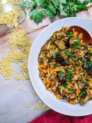 Mediterranean lentil, orzo and roasted eggplant stew served on white dish next to a loaf of bread.