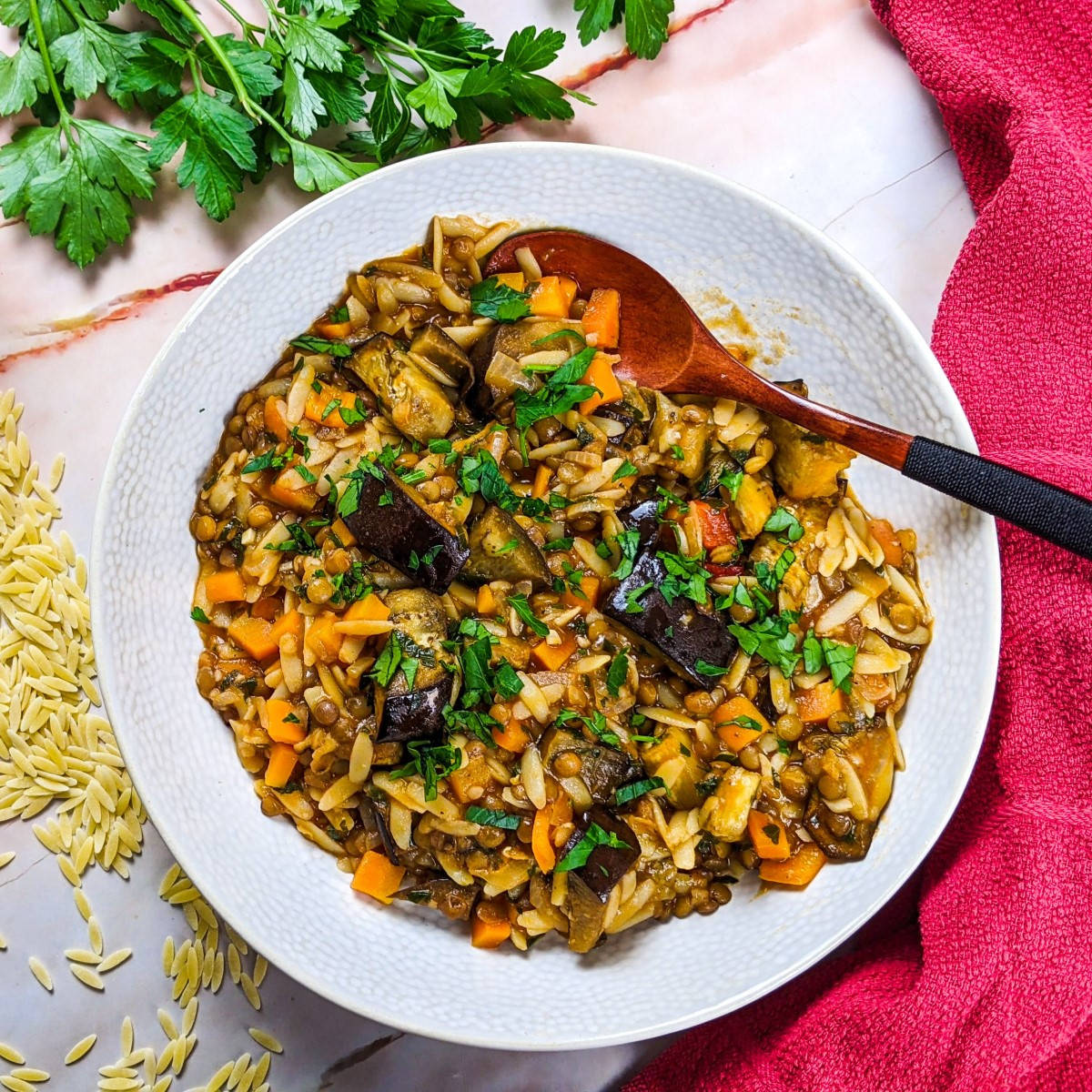Mediterranean lentil, orzo and roasted eggplant stew served on white dish next to a loaf of bread.