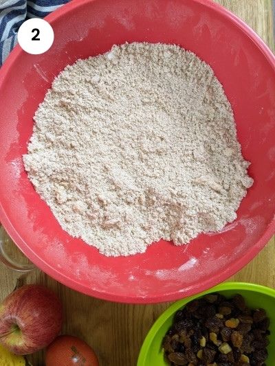 Mix of dry ingredients looking like breadcrumbs after rubbing butter.