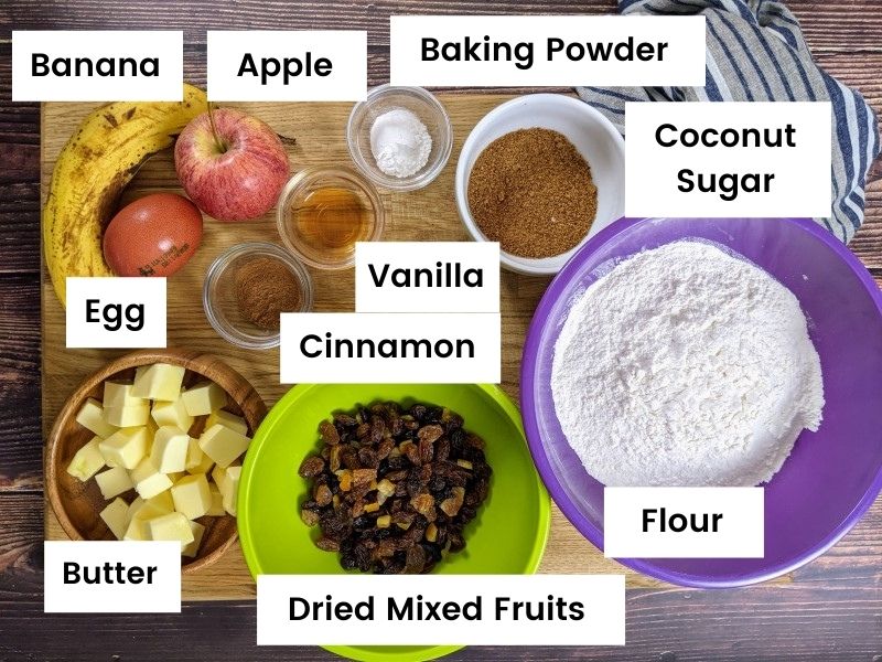 Ingredients for low sugar rock cakes Ingredients for low sugar rock cakes.