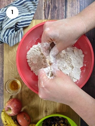 Rubbing butter into the dry ingredients mix with fingertips