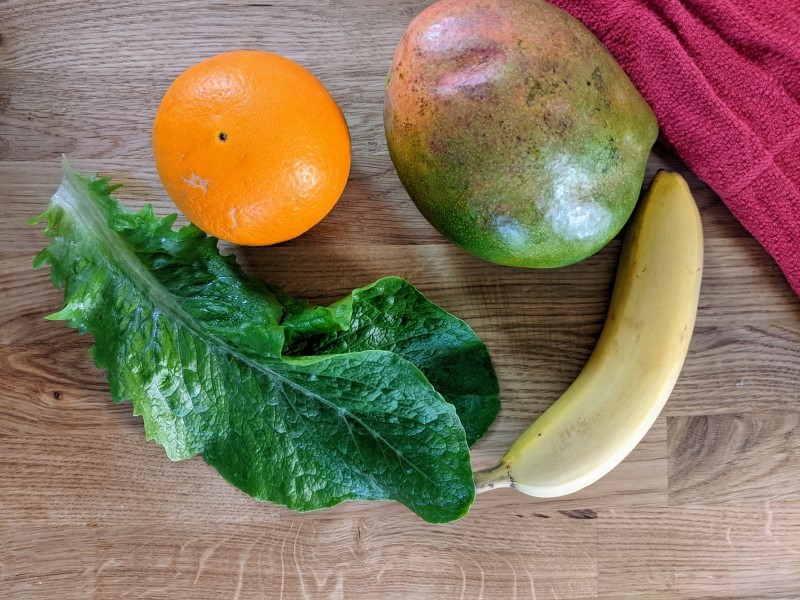 Ingredients for mango & orange smoothie.