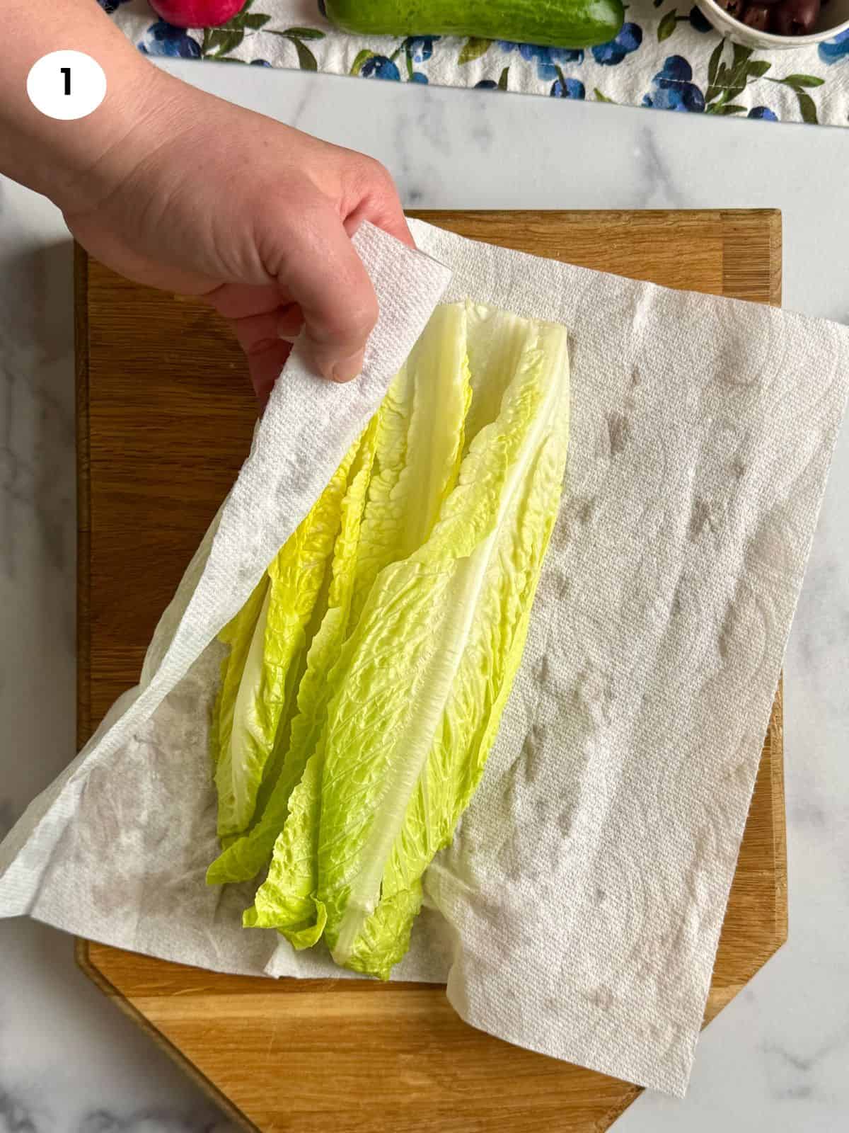 Patting dry the lettuce leaves with a paper towel.