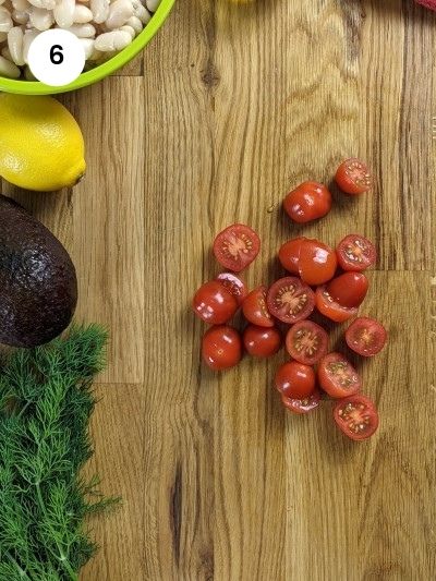 Cherry tomatoes in halves.