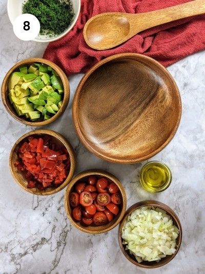 Gathering all ingredients around to put the white bean salad together.