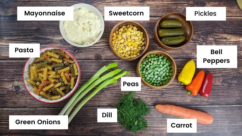 Ingredients for fusilli pasta salad.