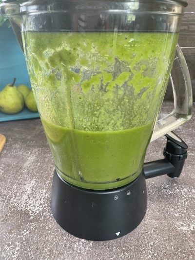 Blended smoothie inside blender.