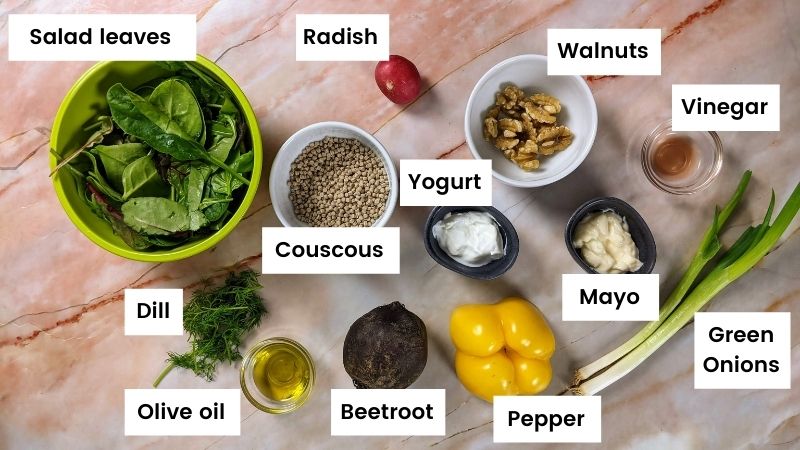 Ingredients for pearl couscous and beetroot salad.