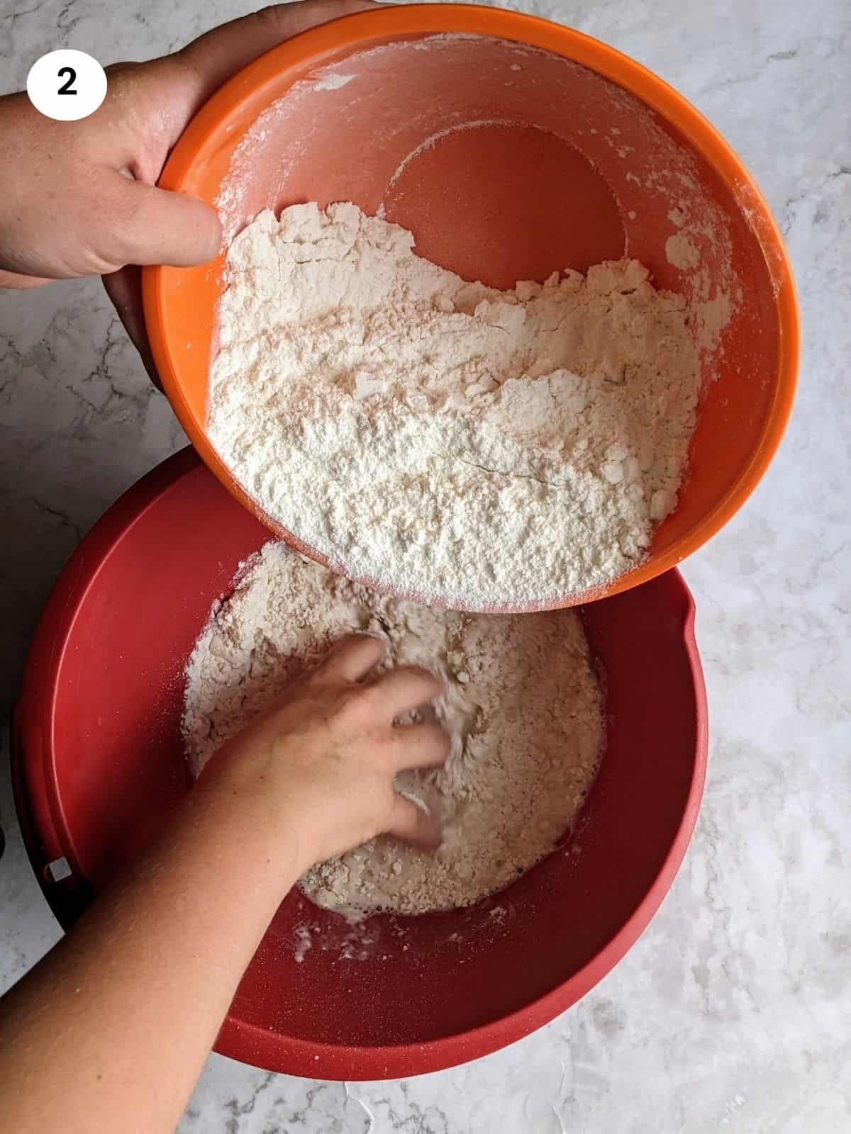 Mixing the flour with yeast in a bowl.